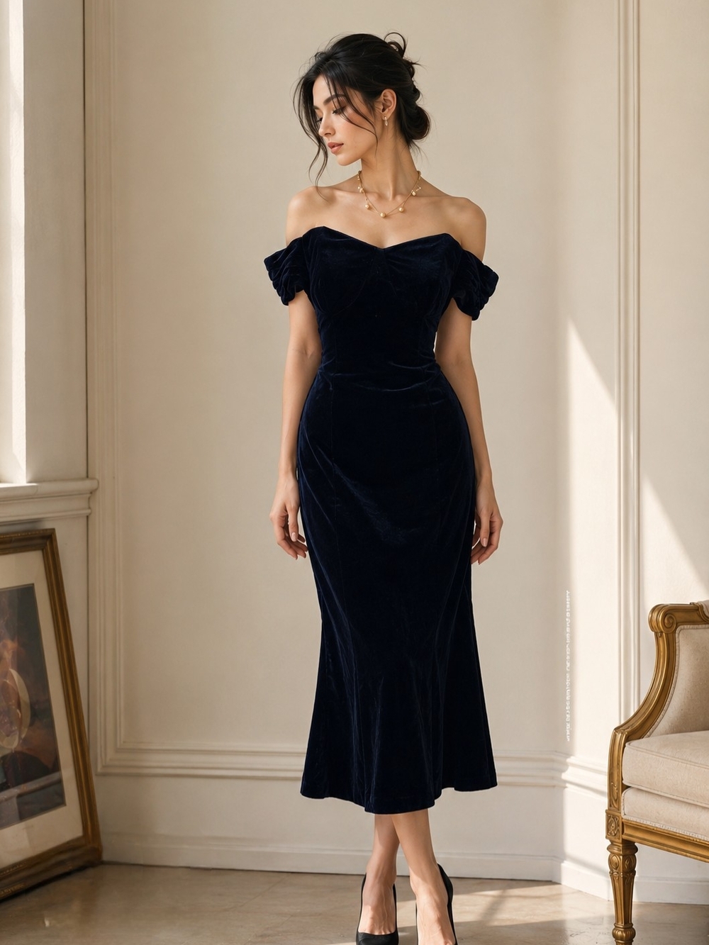 Shoshanna MIDNIGHT Off-Shoulder Navy Velvet Midi Dress Size 6